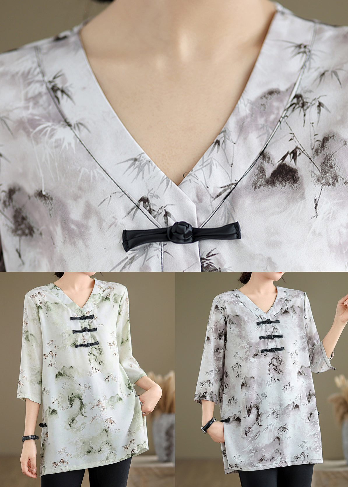 Art Grey Button Print Cotton Top Bracelet Sleeve JH069 MMDM-HTP240717
