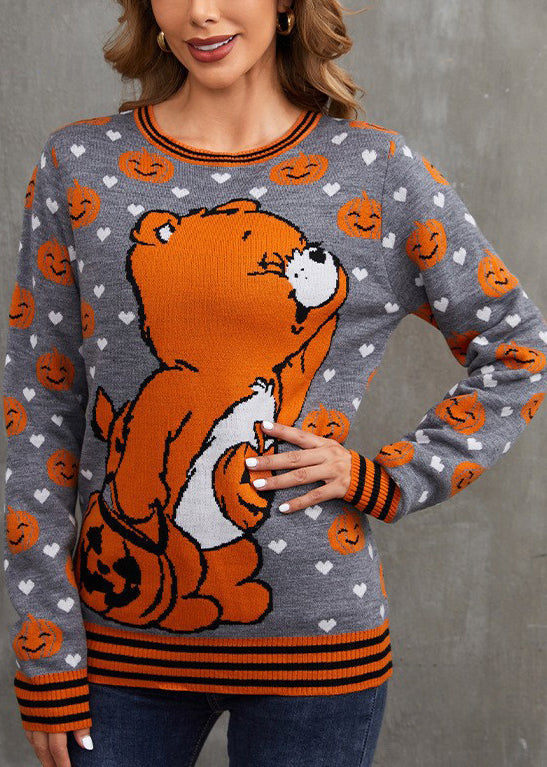 Art Grey O Neck Animal Cozy Knit Sweater Fall AE1014 OM-HW240901