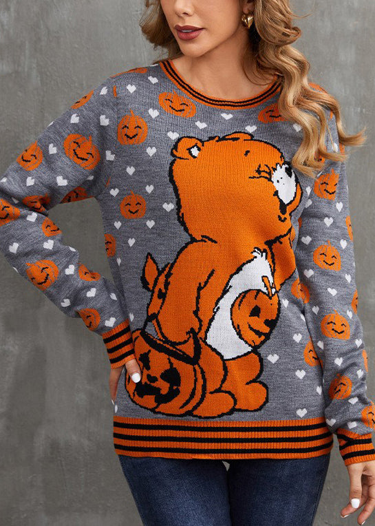 Art Grey O Neck Animal Cozy Knit Sweater Fall AE1014 OM-HW240901