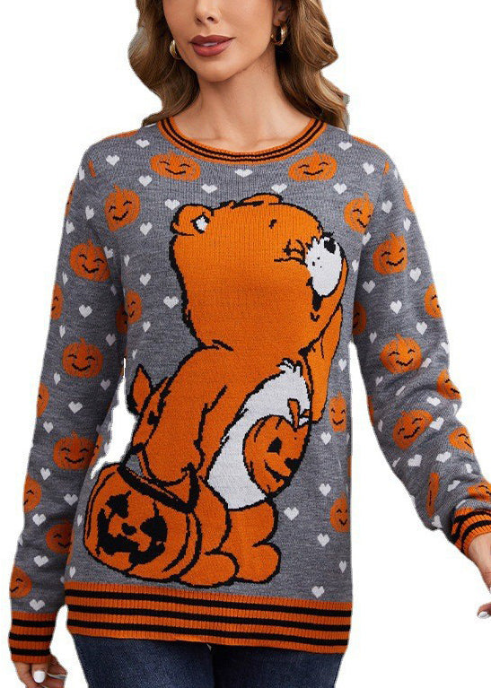Art Grey O Neck Animal Cozy Knit Sweater Fall AE1014 OM-HW240901