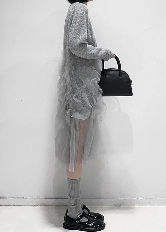 Art Grey Ruffled Solid Tulle Patchwork Knit Dress Fall AL1057 Genistyle Shop