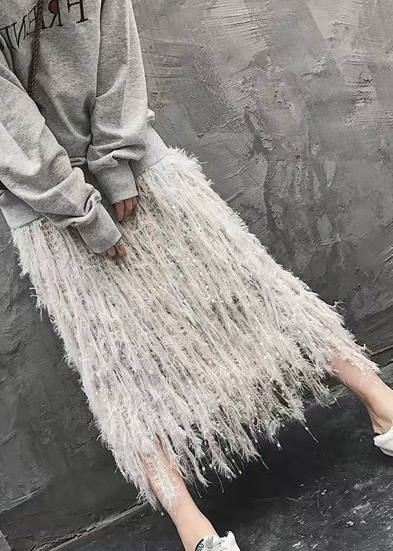 Art Grey Tasseled Hollow Out Knit Skirt Fall WY031 OM-OL241106