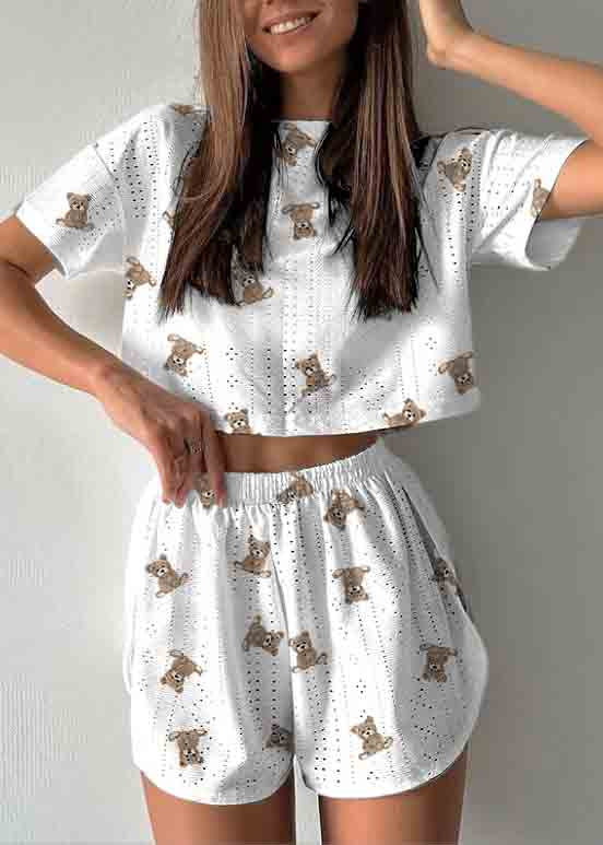 Womens Art Set Print Cotton Hollow Summer Two Pajamas Piece Out FashionChic