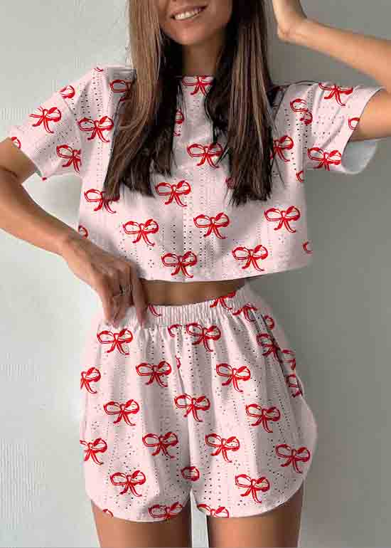 Womens Art Set Print Cotton Hollow Summer Two Pajamas Piece Out FashionChic