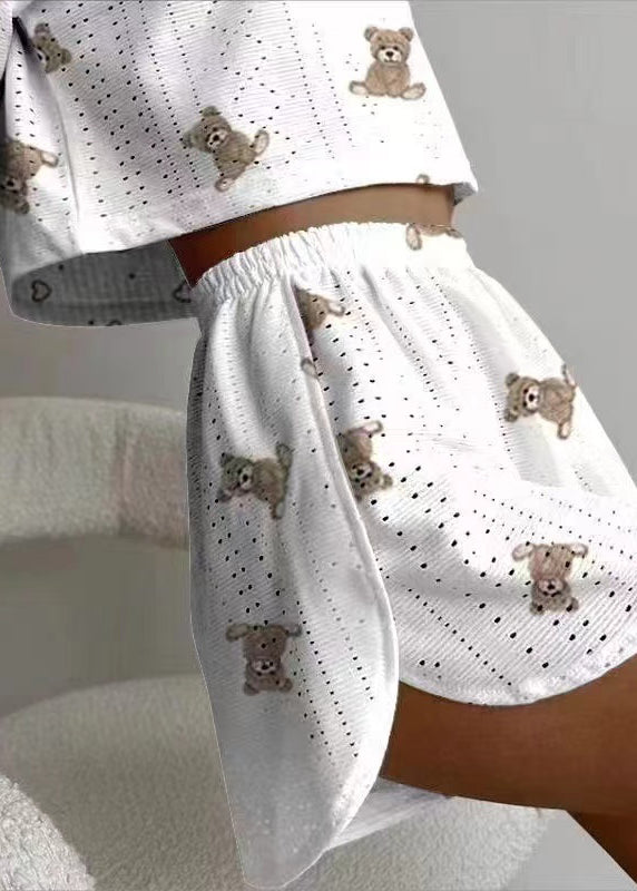Womens Art Set Print Cotton Hollow Summer Two Pajamas Piece Out FashionChic