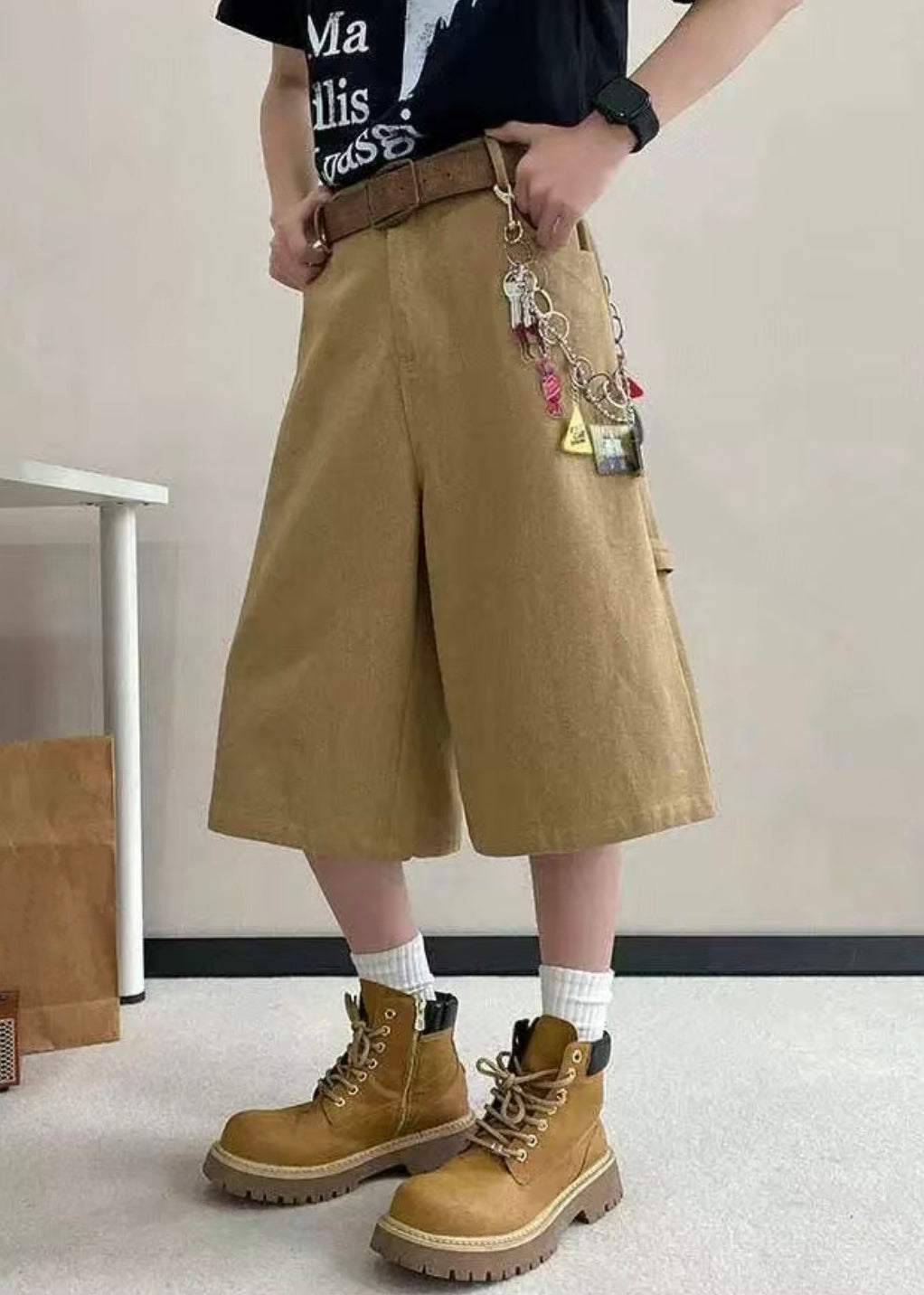 Art Mens Pockets Crop Summer High Pants Waist Khaki Letter FashionChic