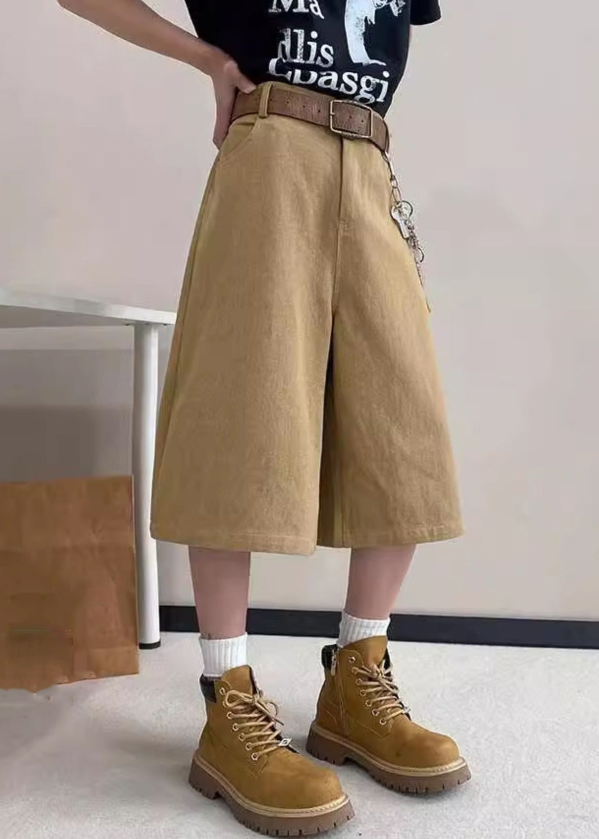 Art Mens Pockets Crop Summer High Pants Waist Khaki Letter FashionChic
