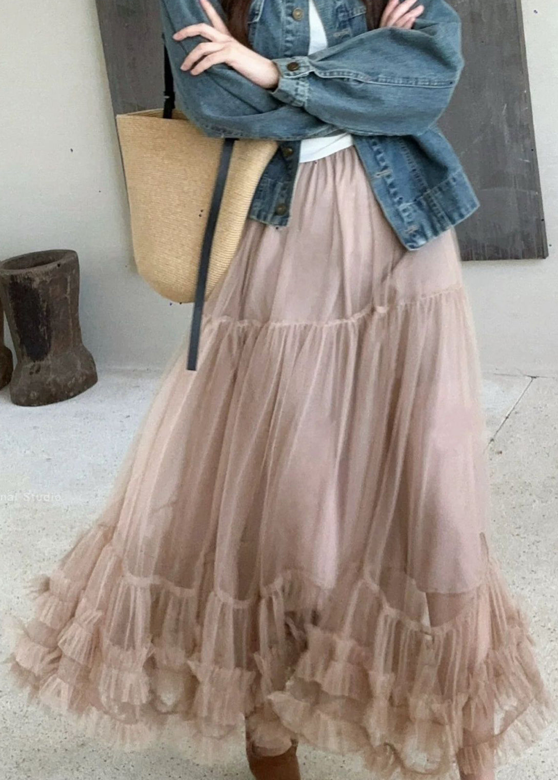 Ruffled Khaki Summer Elastic Skirt Art Tulle Waist FashionChic
