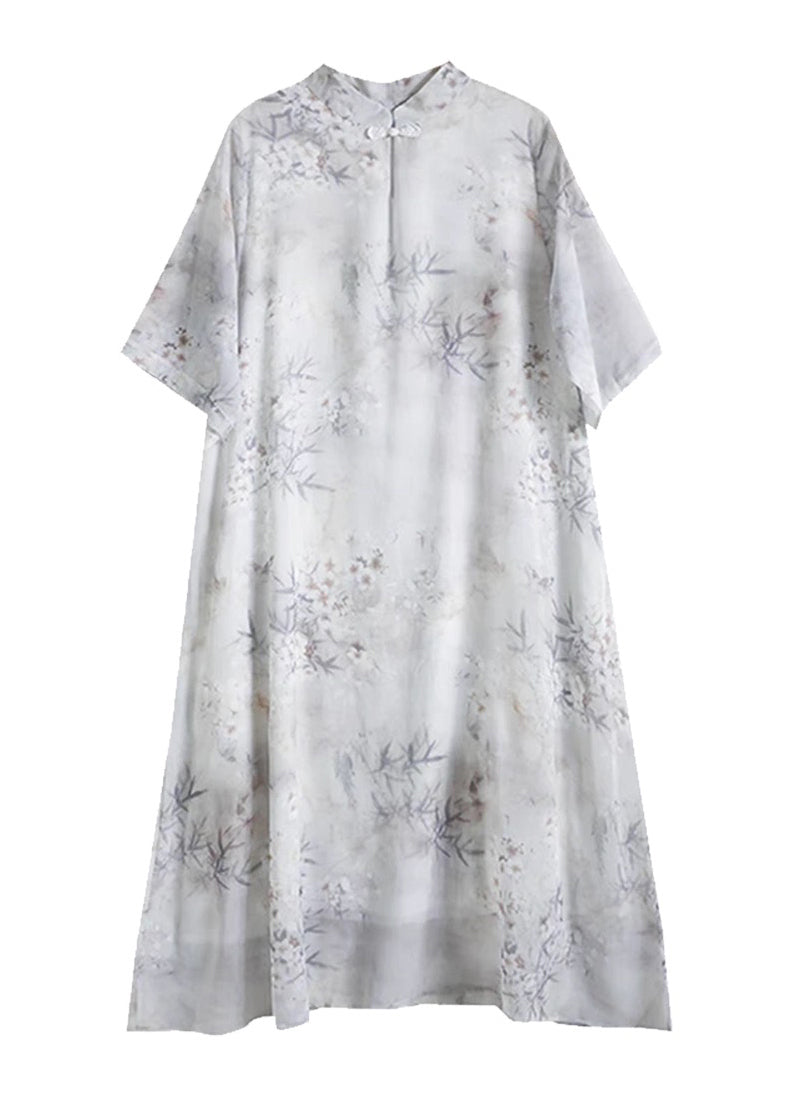 Art Mandarin Collar Bamboo Print Chiffon Dress Summer TM024 ABC
