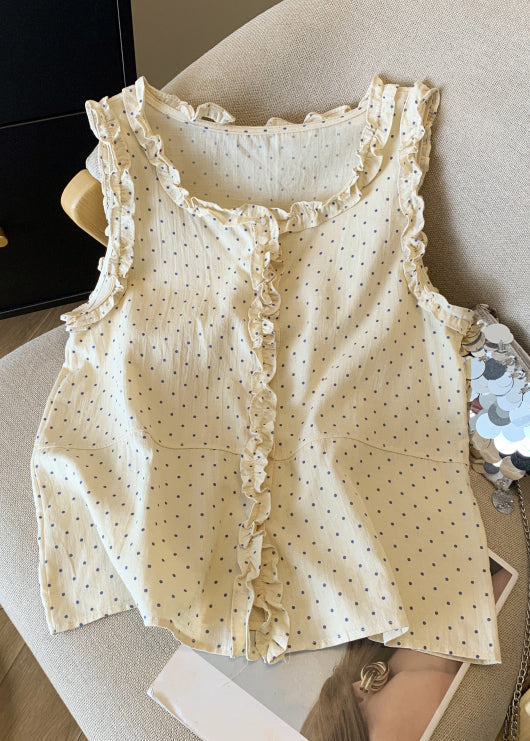 Shirts Dot Cotton Ruffled Art Sleeveless Button Orange FashionChic