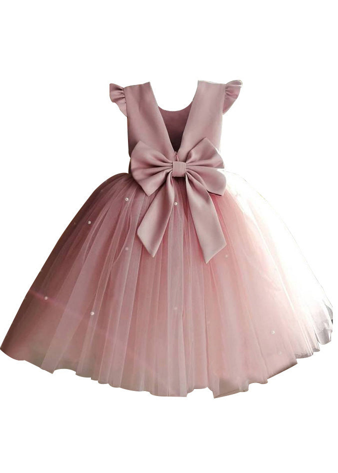 Art Pink Cute Pink Tulle Patchwork Pearl Girls Long Dresses Summer YS033 ABC