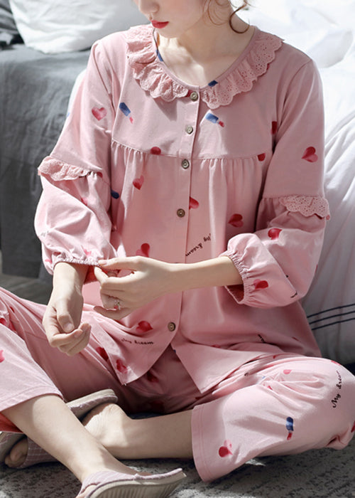 Pink Pajamas Two Print Cotton Set Pieces Fall Lace Art Button FashionChic