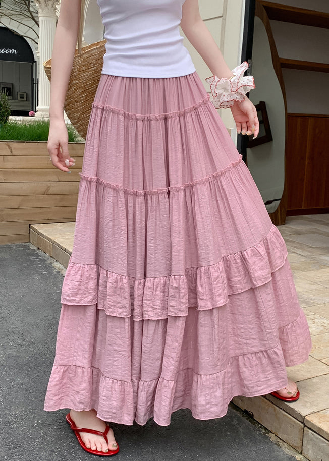 Ruffled Skirts Art Waist Elastic Summer Pink Cotton FashionChic