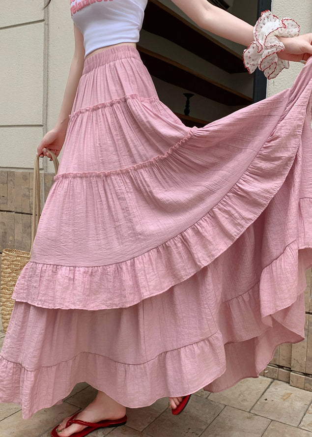 Ruffled Skirts Art Waist Elastic Summer Pink Cotton FashionChic