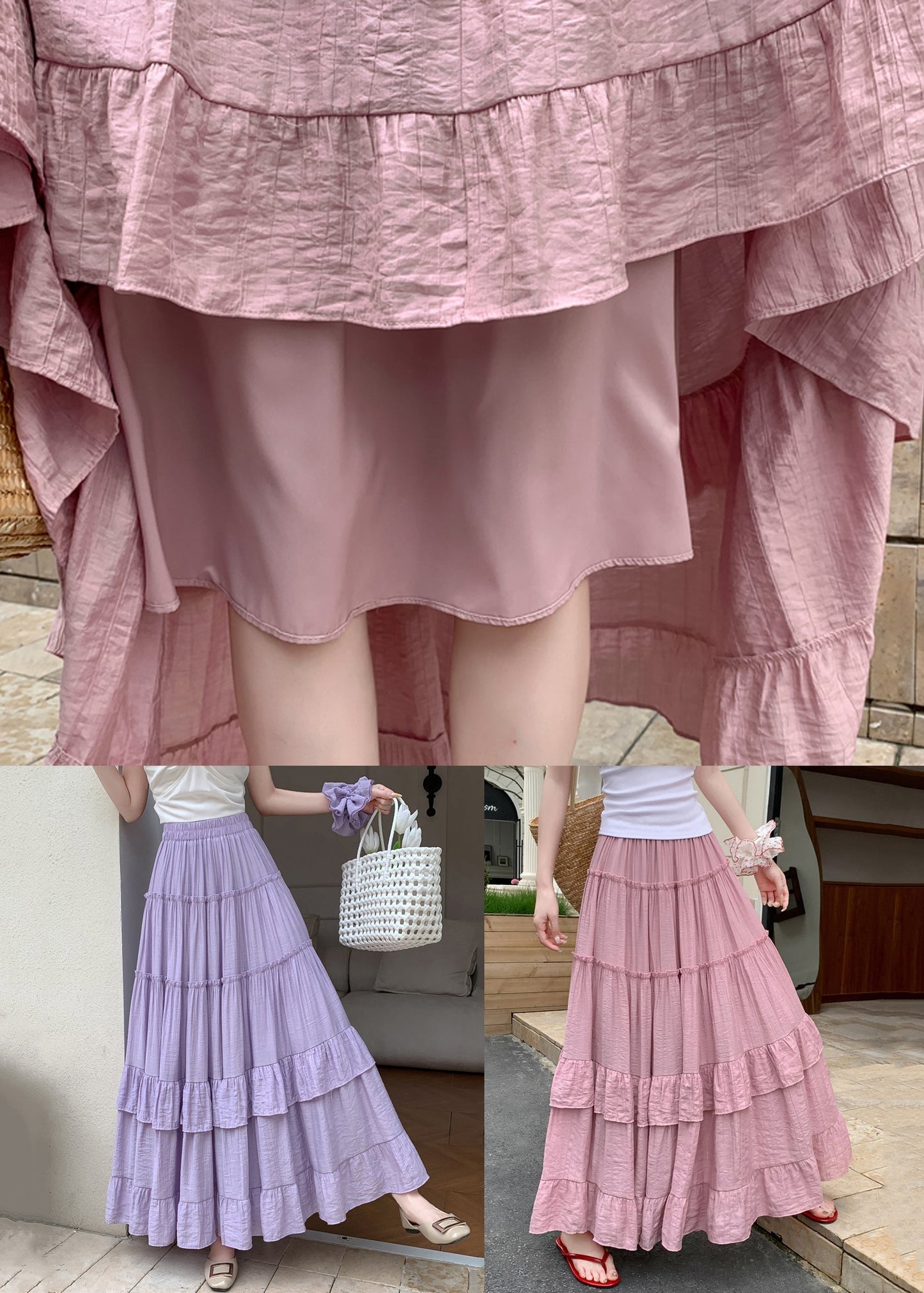 Ruffled Skirts Art Waist Elastic Summer Pink Cotton FashionChic