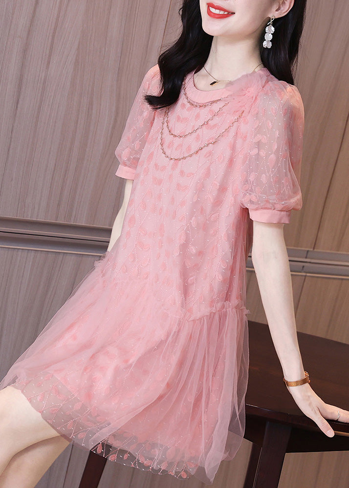 Ruffled Short Party Patchwork Sleeve Pink Dress Tulle Mid Art FashionChic