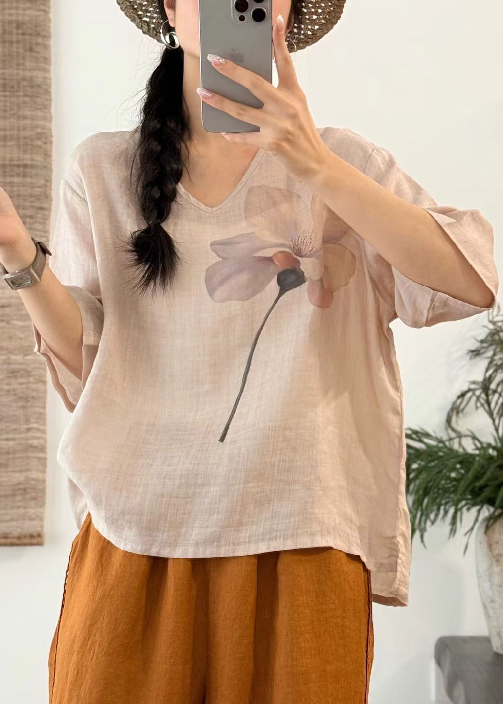 Sleeve V T Neck Art Print Half Linen Open Pink Side Shirt FashionChic