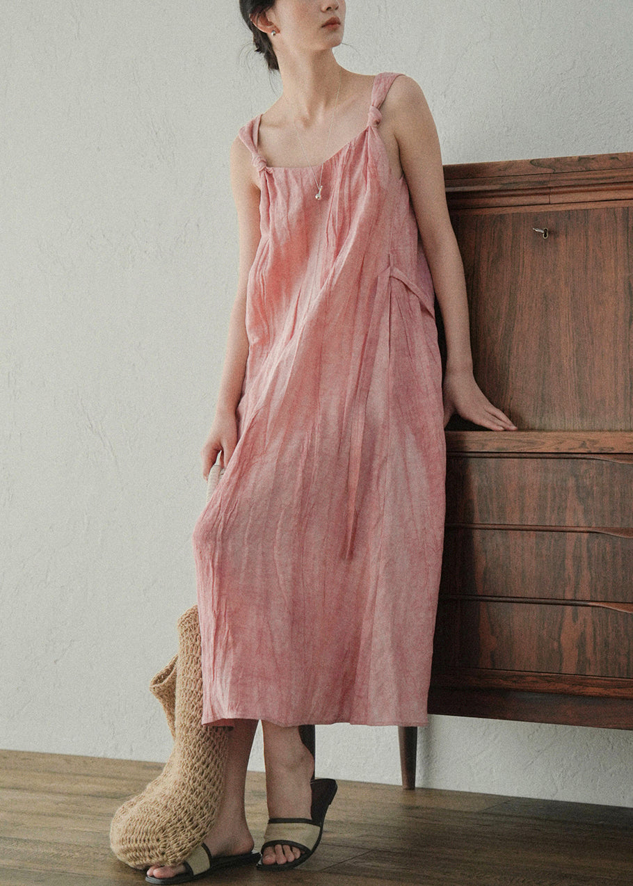 Art On Pink Sides Linen Waist Both Tie Wear Dress Spaghetti Strap FashionChic
