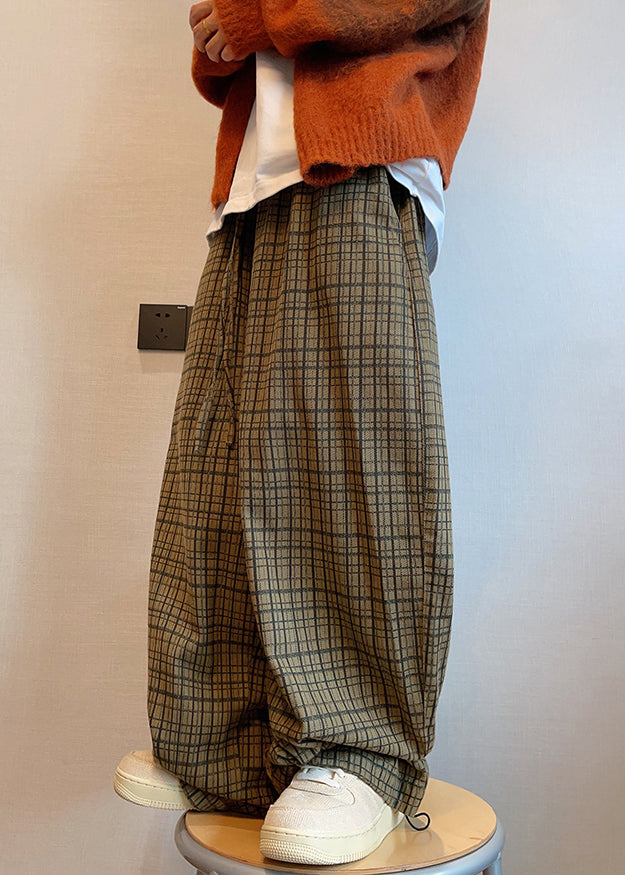 Fall Drawstring Wide Cotton Men Plaid Leg Pockets Art Pants FashionChic