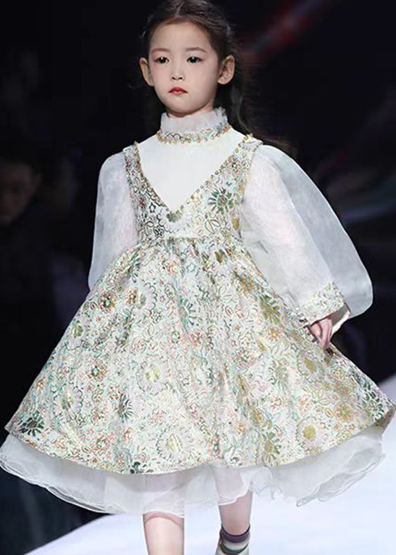 Art Print Turtleneck Tulle Kids Maxi Dresses Lantern Sleeve YS030 ABC