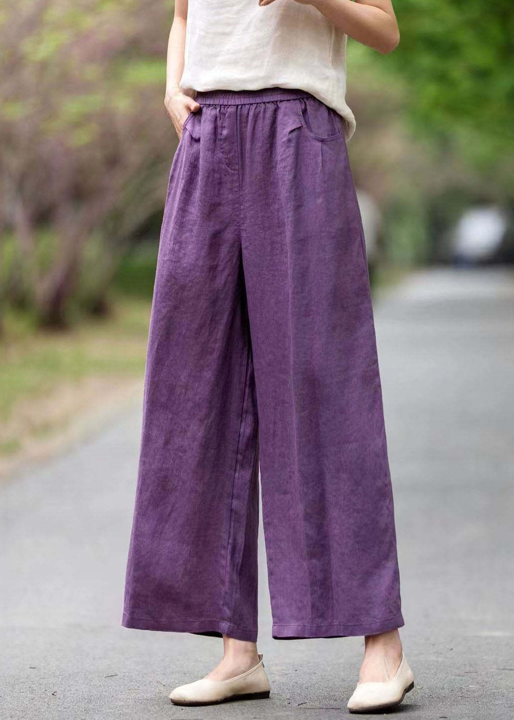 Pockets Linen Summer Pants Straight Art Oversized Purple FashionChic