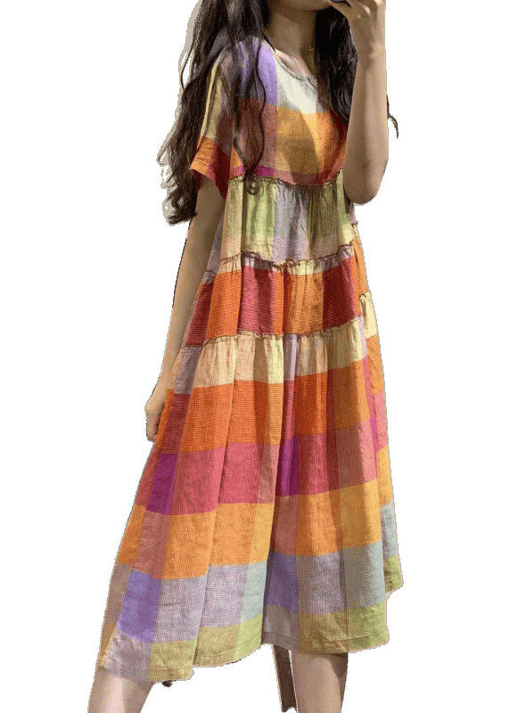 Summer Art Rainbow Ruffled Linen Plaid Dress FashionChic