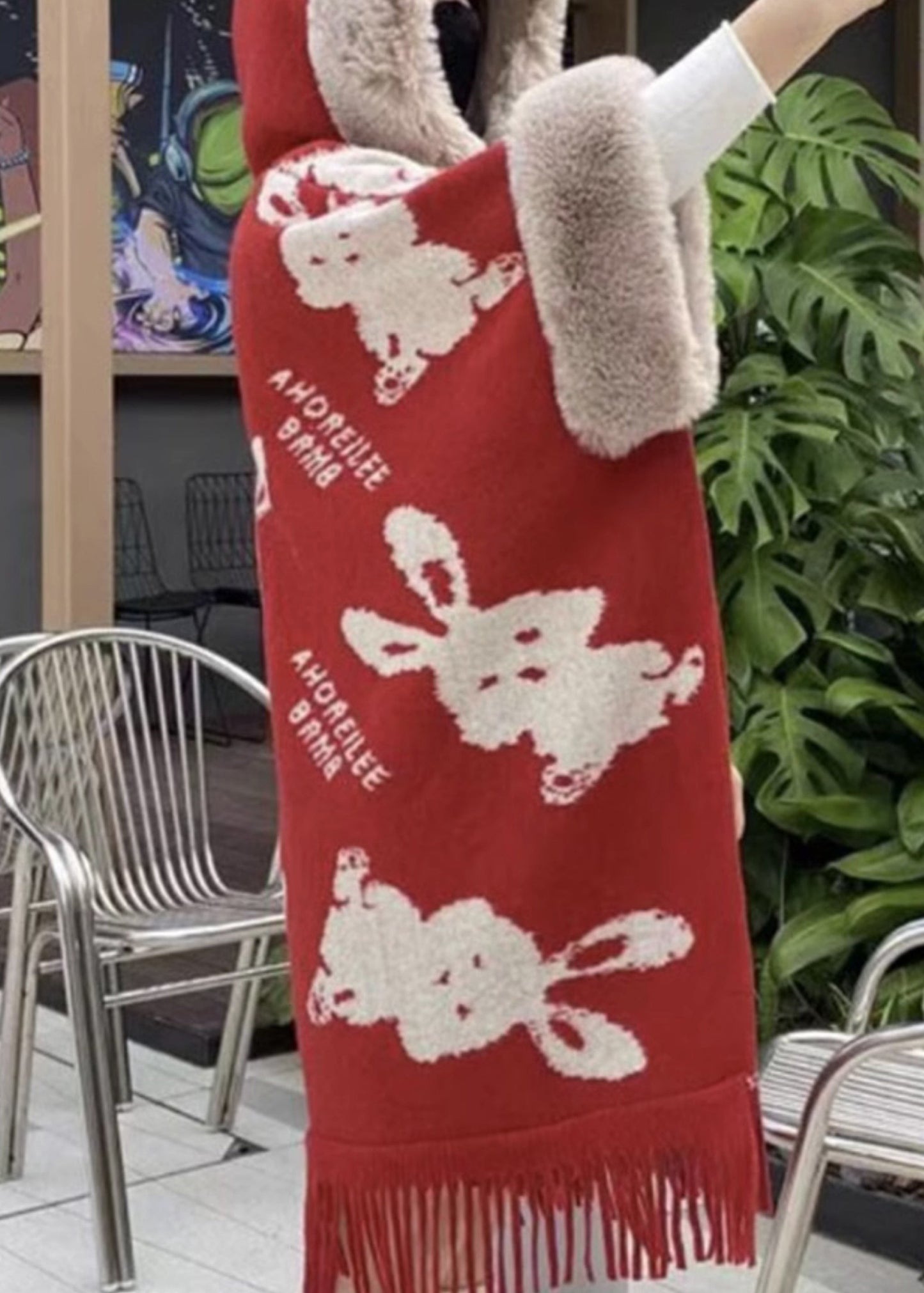 Art Red Hooded Print Patchwork Warm Fleece Cape Coats Spring YW005 ABC