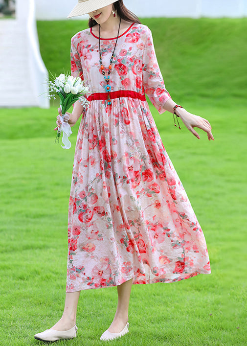 Art Red O Neck Print Lace Up Linen Dress Summer JH010 MMDM-SDL240717