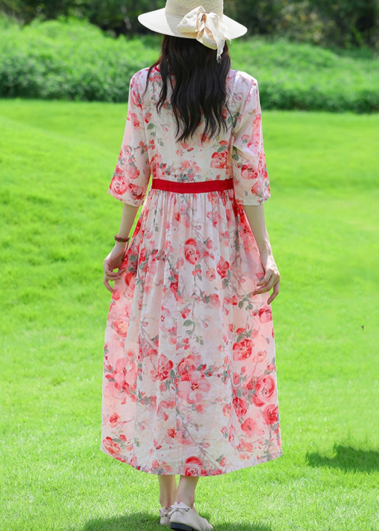 Art Red O Neck Print Lace Up Linen Dress Summer JH010 MMDM-SDL240717