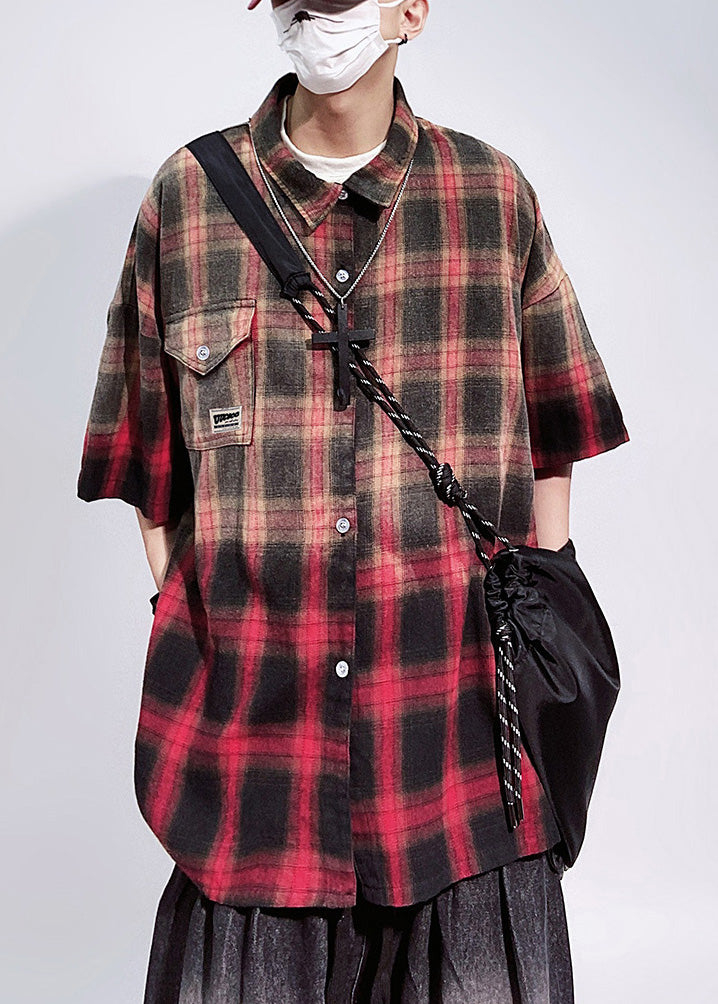 Oversized Red Art Cotton Sleeve Half Pockets Plaid Shirts Mens FashionChic