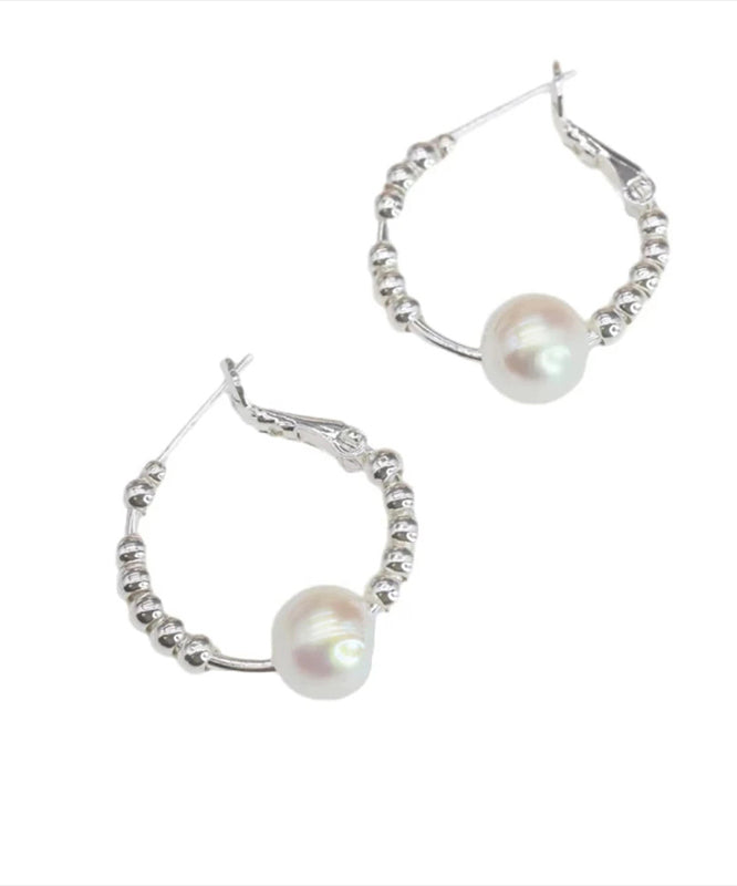 Pearl Earrings Broken Copper Hoop Art Silk Silver FashionChic