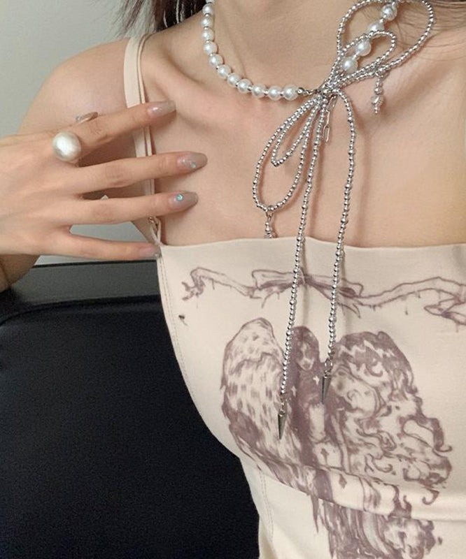 Art Silk Stainless Steel Pearl Bow Tie Lac Pendant Necklace YA017 ABC