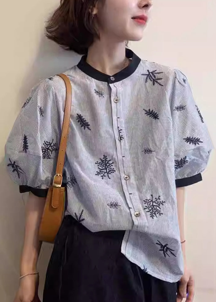 Art Blouses O Embroidered Neck Patchwork Summer Cotton Striped FashionChic