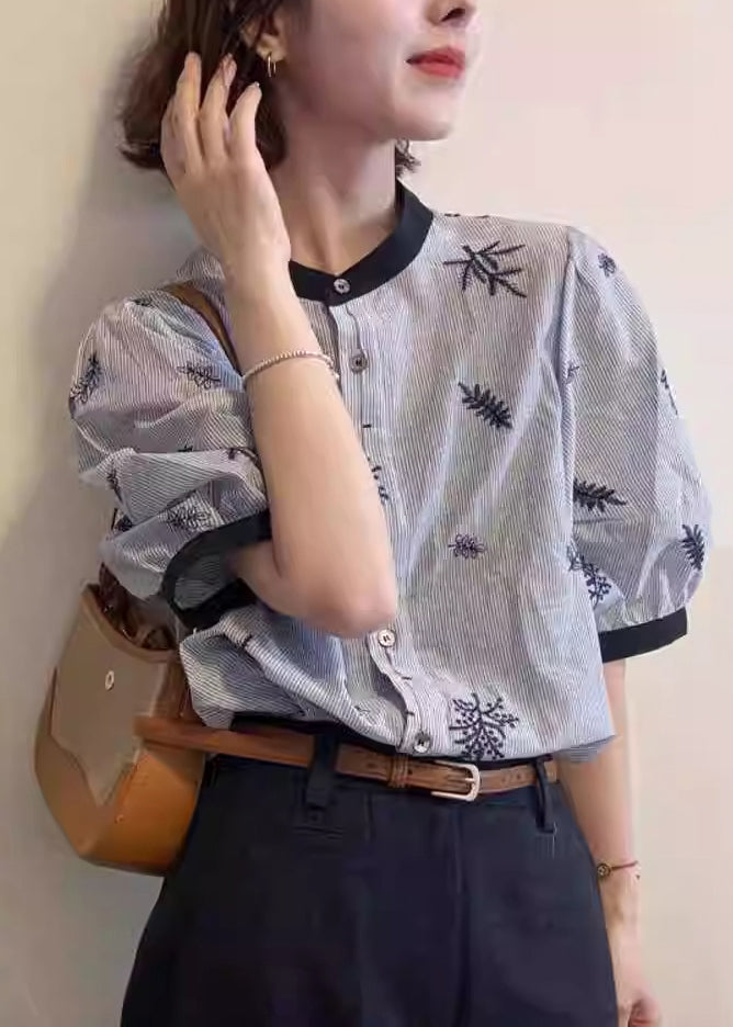 Art Blouses O Embroidered Neck Patchwork Summer Cotton Striped FashionChic