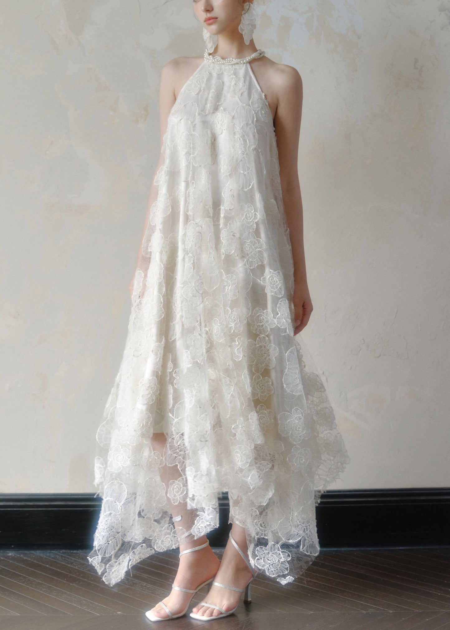 White Long Lace Dress Art Asymmetrical Sleeveless Pearl FashionChic