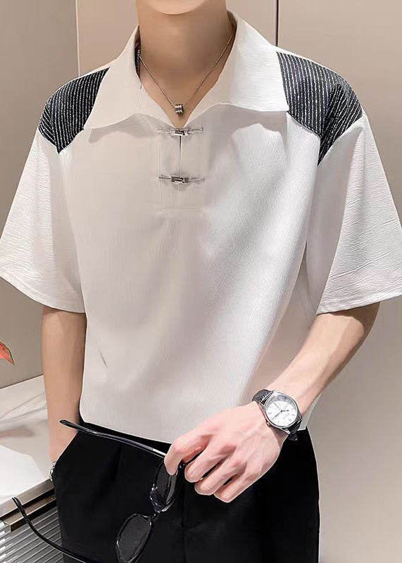 Summer Ice Button Polo Patchwork Art White Shirts Silk FashionChic