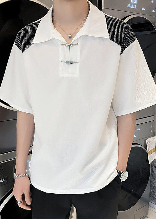 Summer Ice Button Polo Patchwork Art White Shirts Silk FashionChic