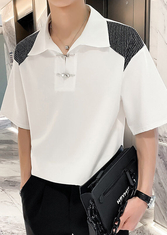 Summer Ice Button Polo Patchwork Art White Shirts Silk FashionChic