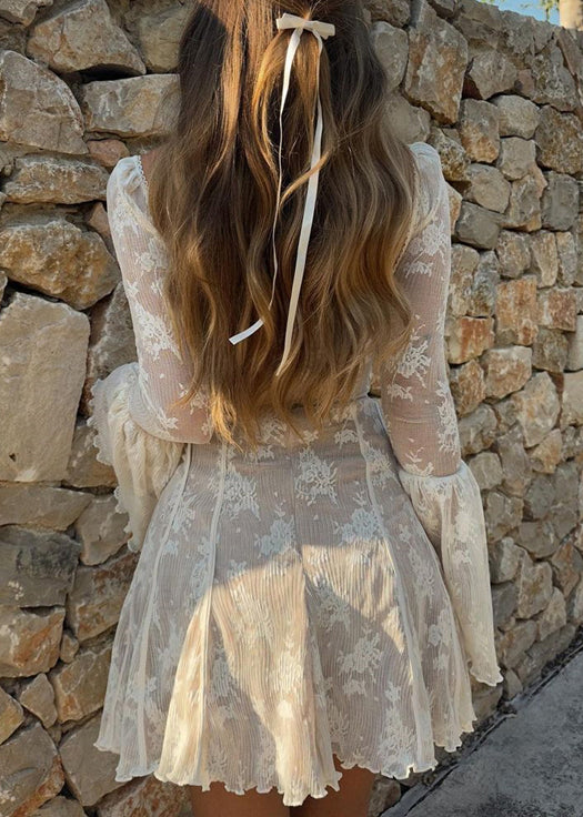 Art White Square Collar Patchwork Lace Mid Dress Flare Sleeve YZ038 ABC