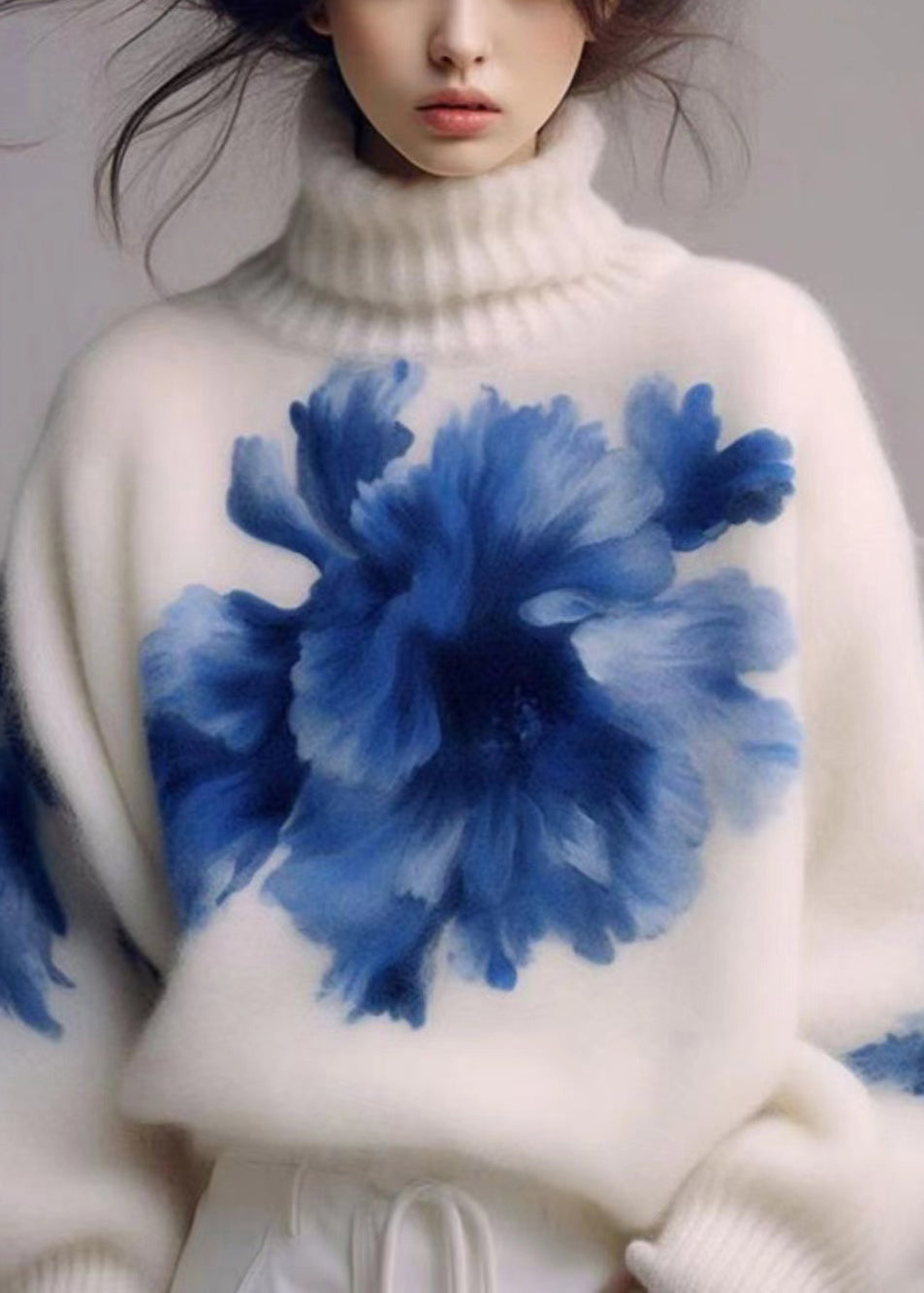 Art White Turtleneck Print Wool Knit Sweaters Winter WK023 OM-SW241119