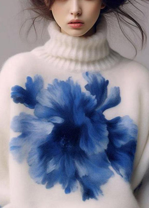 Art White Turtleneck Print Wool Knit Sweaters Winter WK023 OM-SW241119