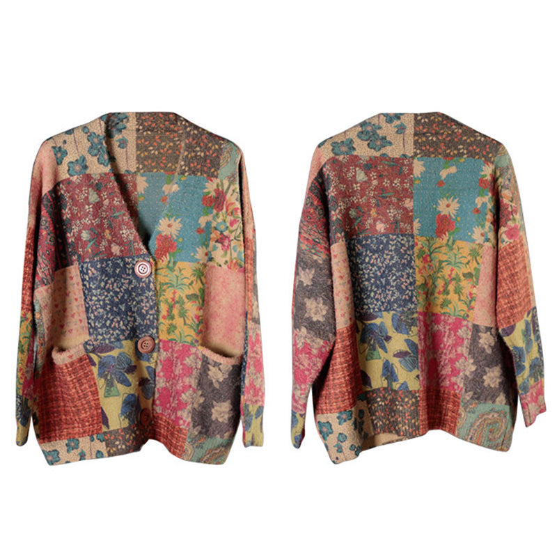 Plus Size Autumn Colorful Flower Knitted Floral Sweater Coat AS1048 BUYKUD