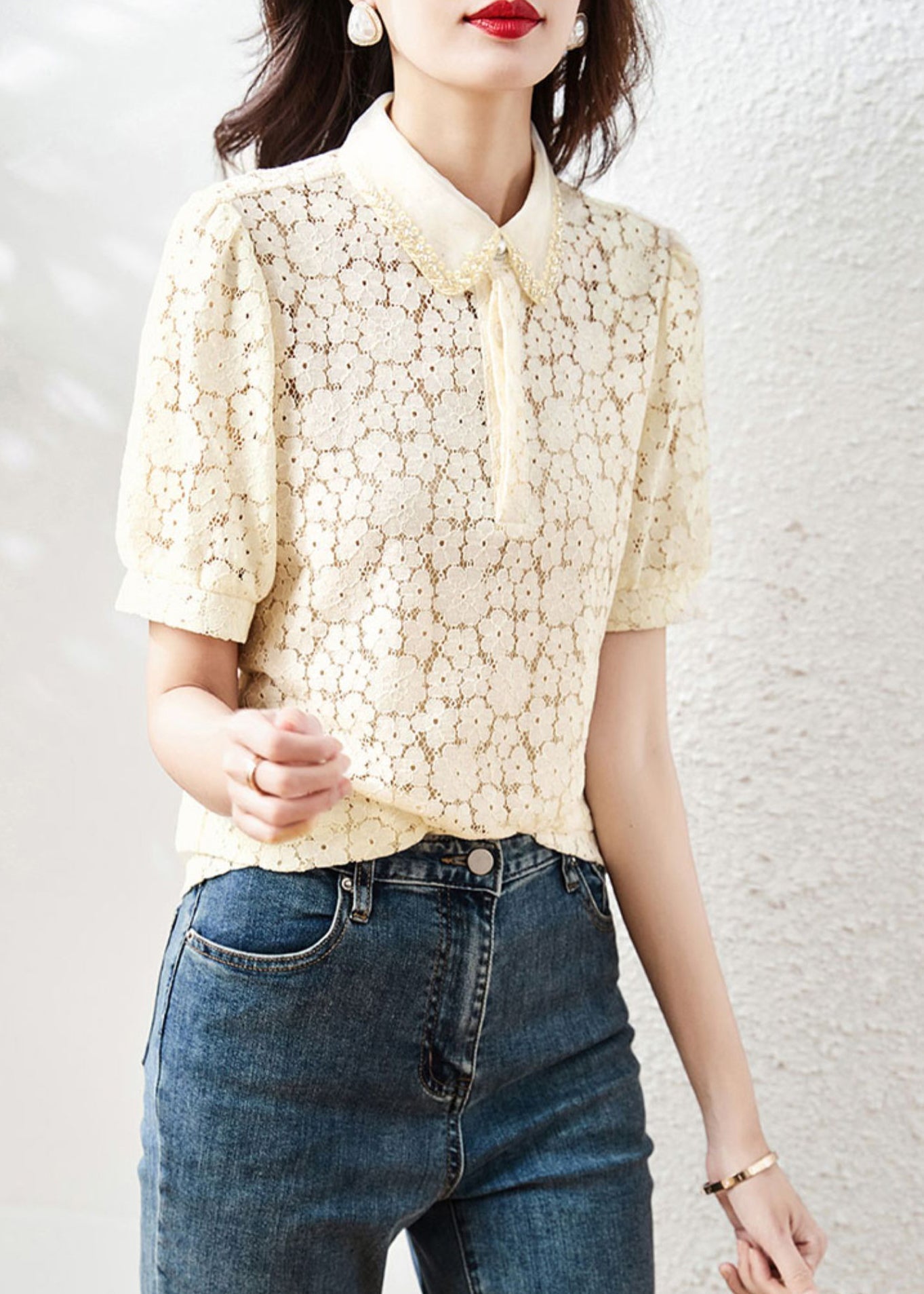 Beautiful Apricot Peter Pan Collar Lace T Shirt Summer WW023 OL-STP240812