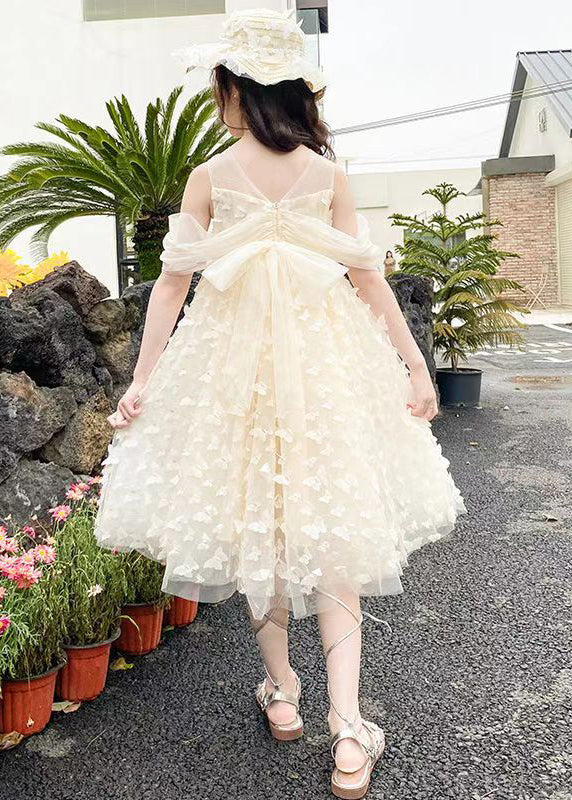 Beautiful Beige O-Neck Butterfly Tulle Girls Long Dresses Summer TT033 WS-JRTZSDGL240817