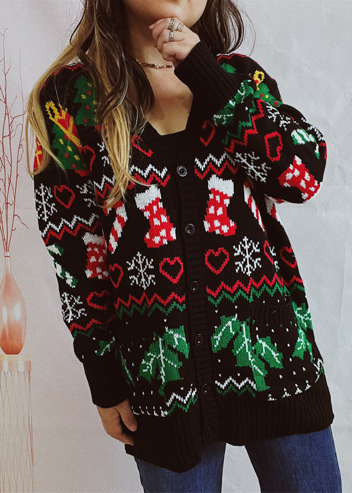 Beautiful Black V Neck Jacquard Knit Cardigan Fall QY016 BB-ZS-WM-NTP241002