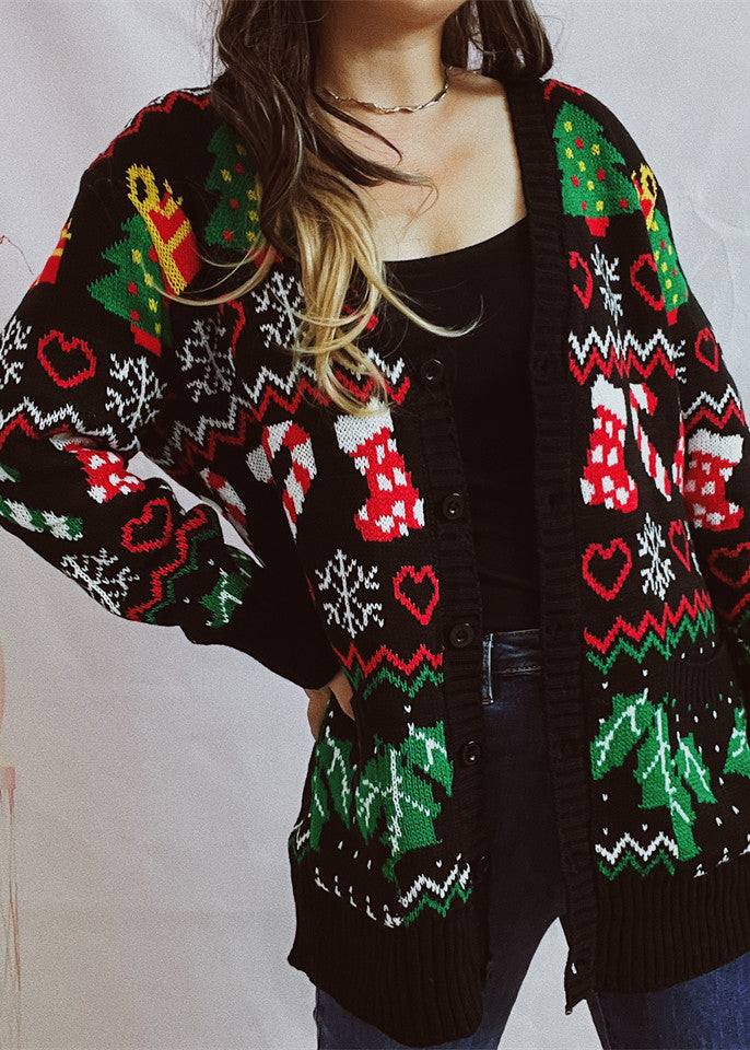 Beautiful Black V Neck Jacquard Knit Cardigan Fall QY016 BB-ZS-WM-NTP241002