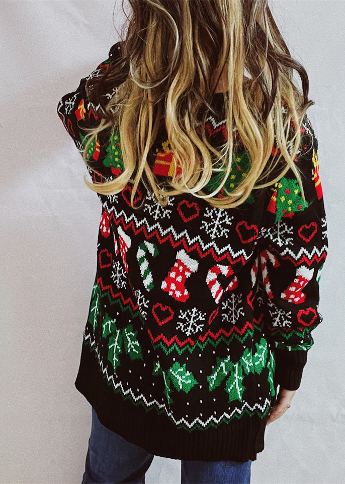 Beautiful Black V Neck Jacquard Knit Cardigan Fall QY016 BB-ZS-WM-NTP241002