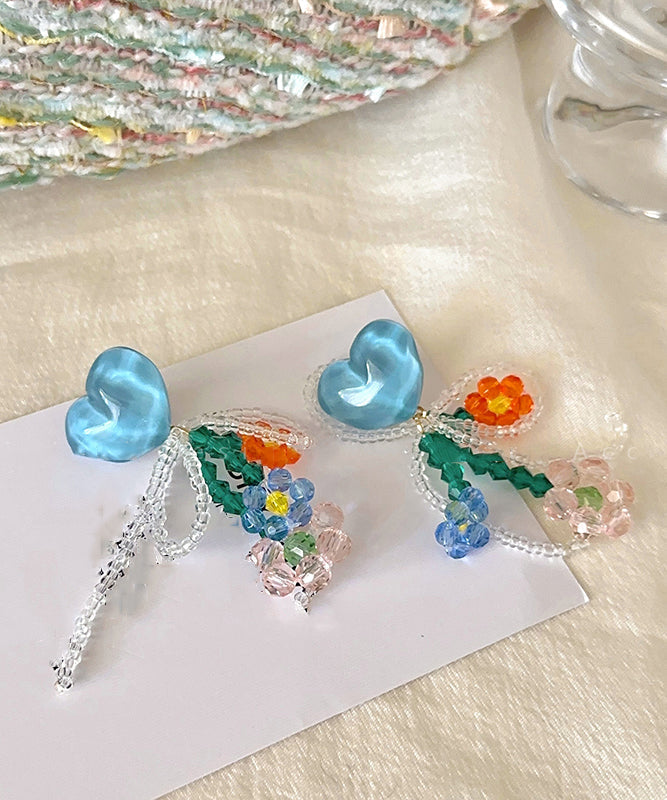 Beautiful Blue Copper Crystal Beading Love Tassel Drop Earrings YZ006 ABC