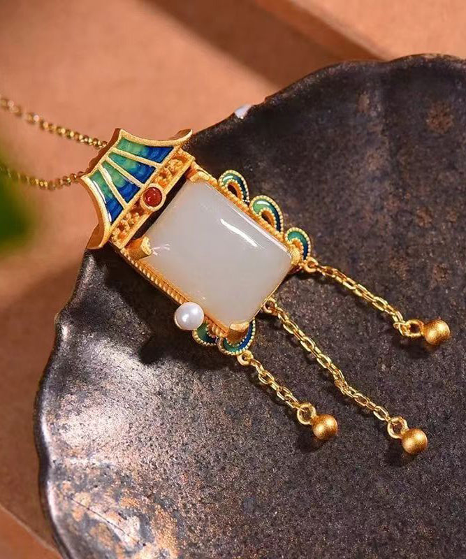 Beautiful Blue Copper Overgild Jade Agate Pagoda Tassel Pendant Necklace KX1065 Ada Fashion