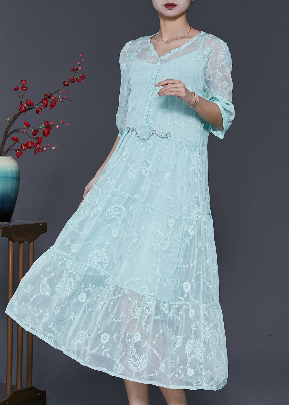 Beautiful Blue Embroidered Silk Long Dress Half Sleeve SD1005 Ada Fashion